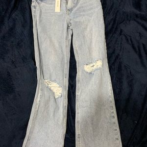 High Waist Light Blue Knee Rip Raw Hem Jeans